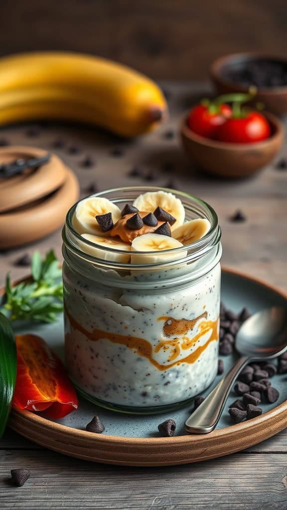 A jar of dessert-style overnight oats with banana and peanut butter, topped with chocolate chips.