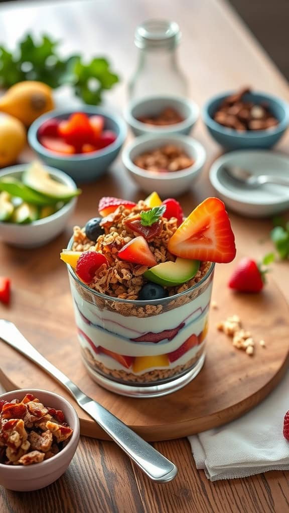 Savory parfait bar with layers of yogurt, granola, bacon, avocado, and fresh herbs.