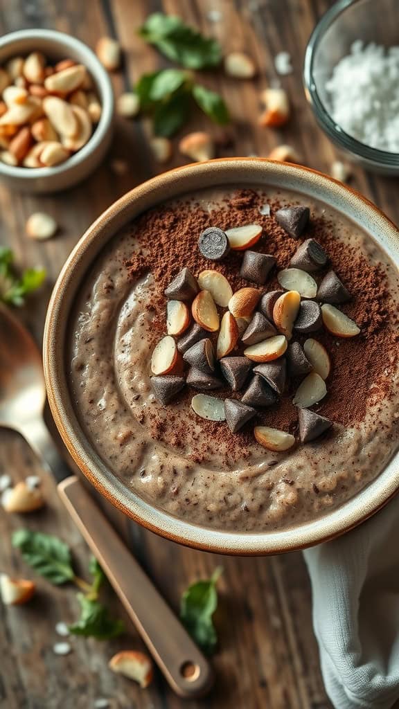 A bowl of creamy chocolate overnight oats topped with chocolate chips and almonds.