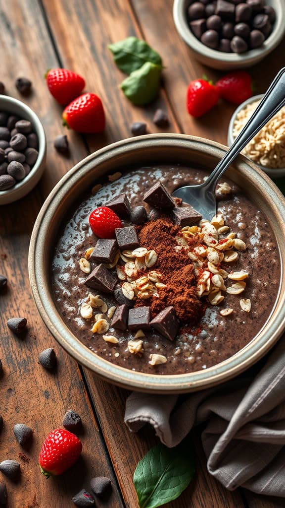 A bowl of double chocolate overnight oats topped with chocolate chunks, oats, and a sprinkle of cocoa powder.