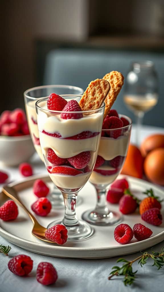 Elegant parfait with vanilla custard, raspberries, and almond biscotti in serving glasses.