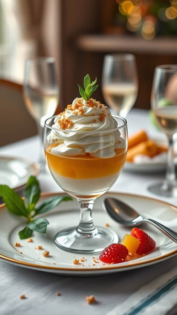 Elegant housewarming parfait with champagne jelly, whipped cream, and gold sprinkles.