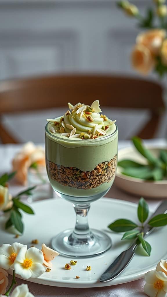 A beautifully layered matcha parfait with crushed pistachios and white chocolate shavings, perfect for weddings.