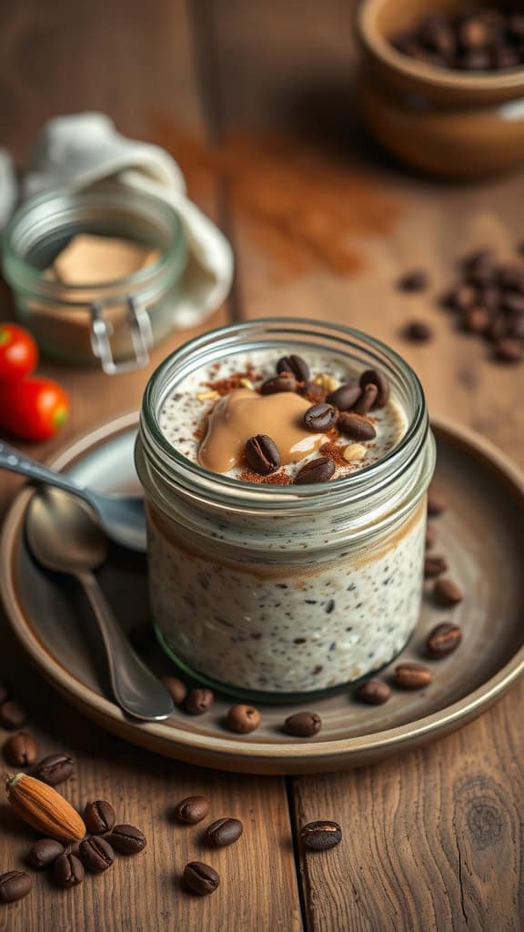 A delicious serving of espresso overnight oats with almond butter, topped with coffee beans.