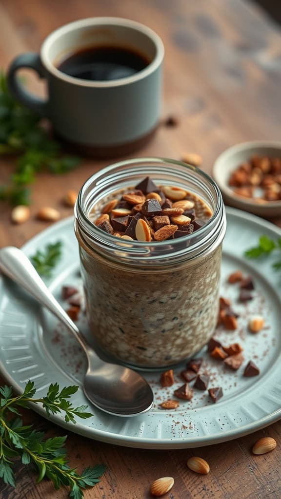 Espresso Overnight Oats with chocolate chunks and almonds in a jar