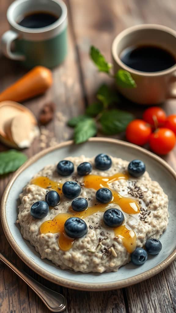 A bowl of espresso overnight oats topped with blueberries and drizzled with honey.