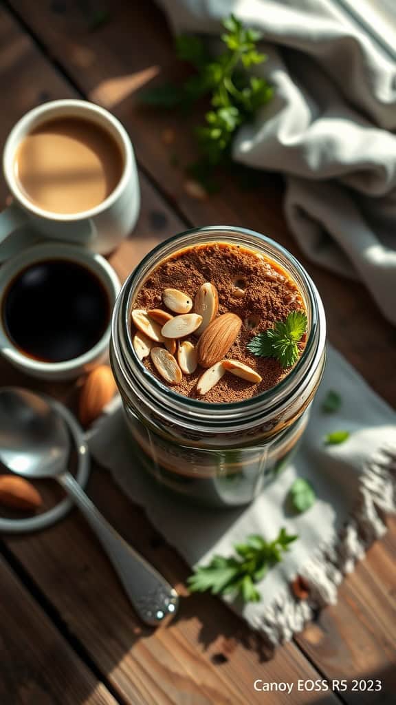 A jar of espresso overnight oats topped with almonds and cocoa powder