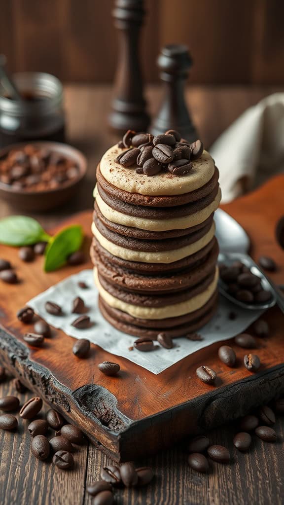 Stack of Espresso Parfait Cookies with dark chocolate shavings