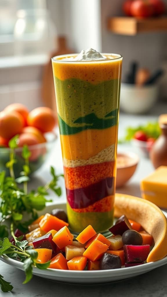 A vibrant layered smoothie featuring mango, spinach, carrot, beet, and coconut milk.