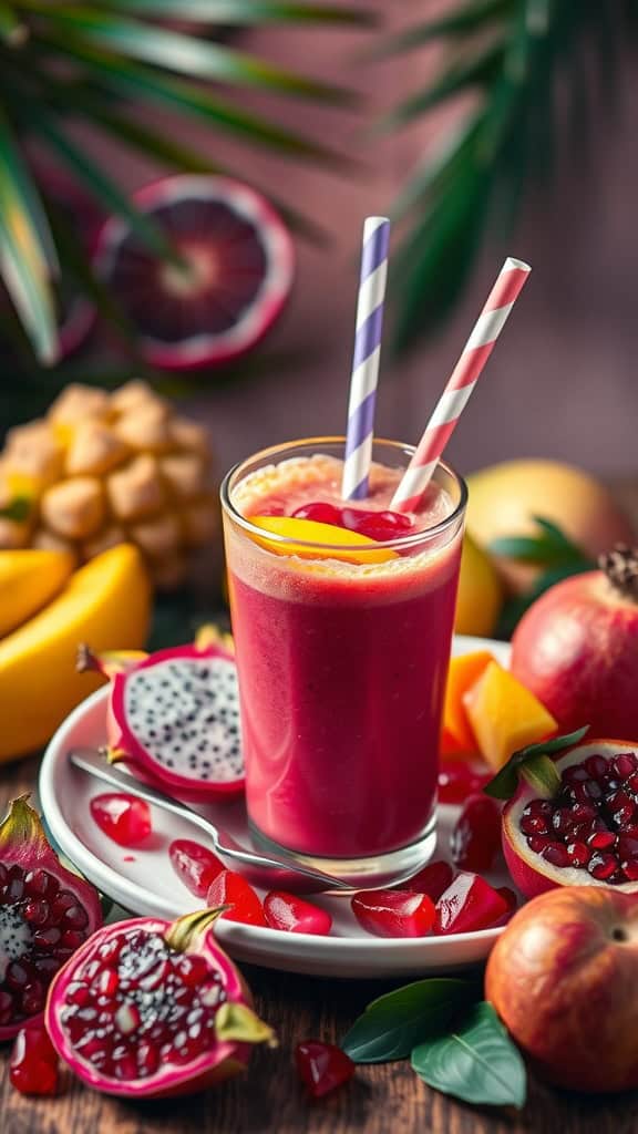 A vibrant smoothie made with dragon fruit, lychee, mango, and pomegranate served in a glass with colorful straws.