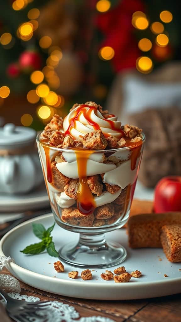 Festive Cinnamon Roll Holiday Parfaits with caramel drizzle