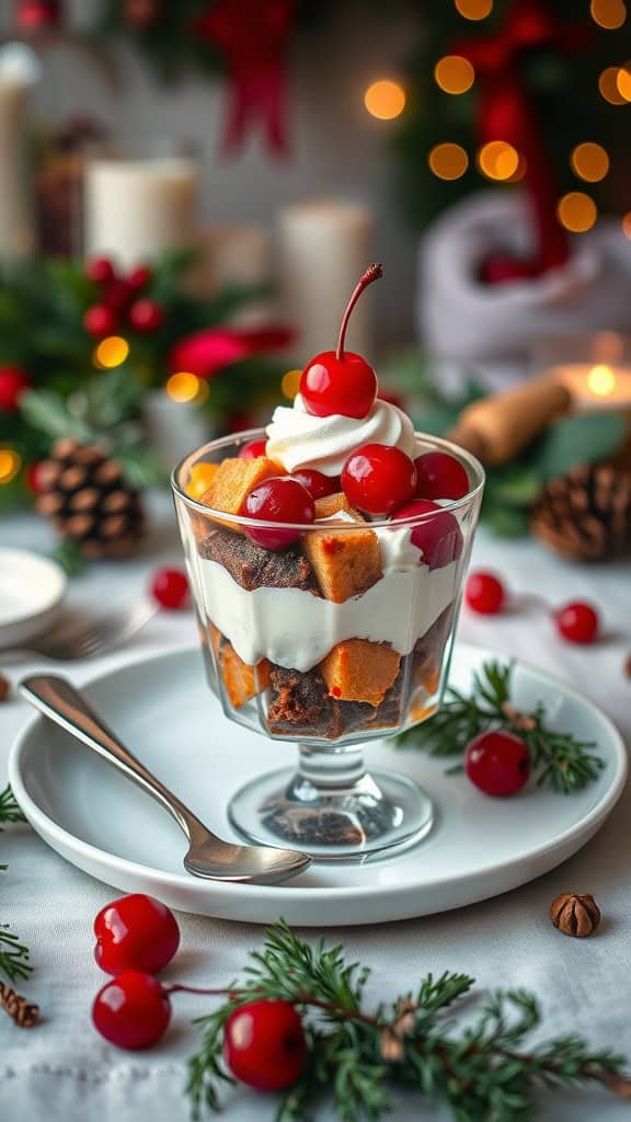 A festive dessert parfait layered with fruitcake, spiced cream, and topped with cherries.