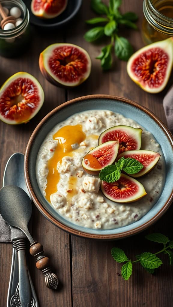 Fig and honey overnight oats with almond butter, garnished with fresh figs and mint