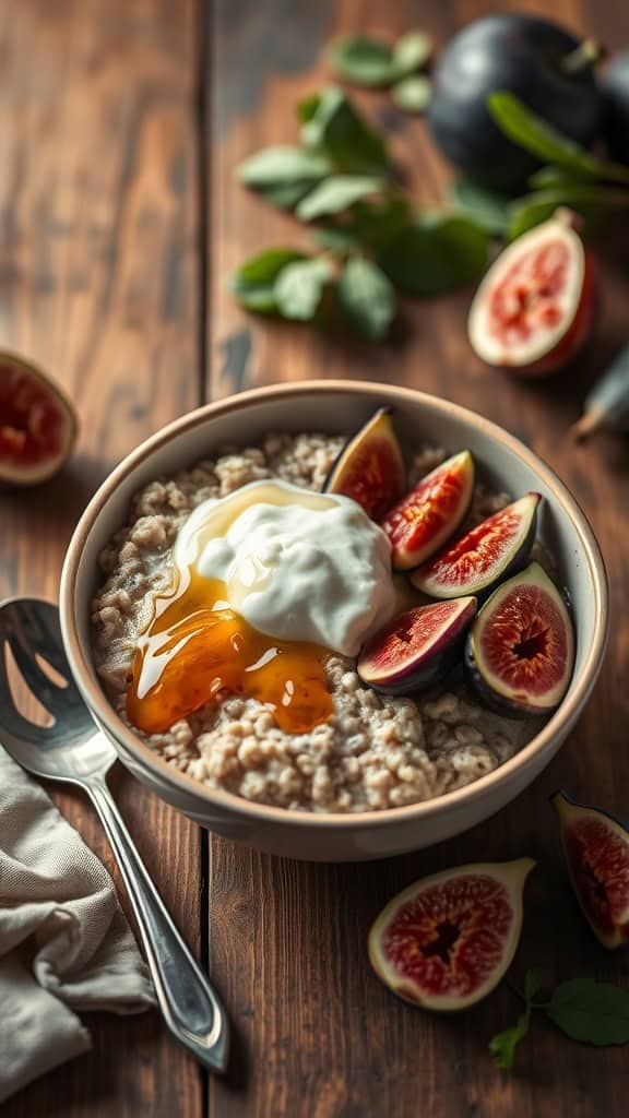Bowl of fig and honey overnight oats topped with Greek yogurt and sliced figs