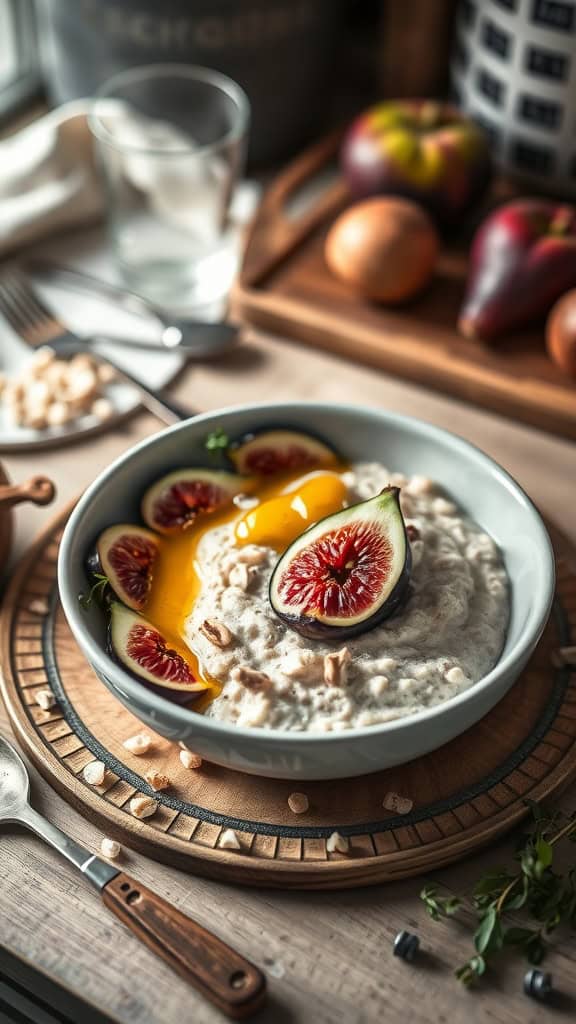 Bowl of fig and honey overnight oats topped with fresh figs and a drizzle of honey.