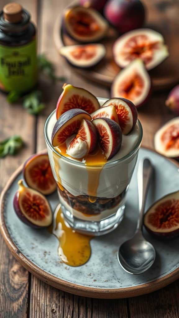 A delicious fig and honey parfait with layers of yogurt, fresh figs, and honey drizzle.