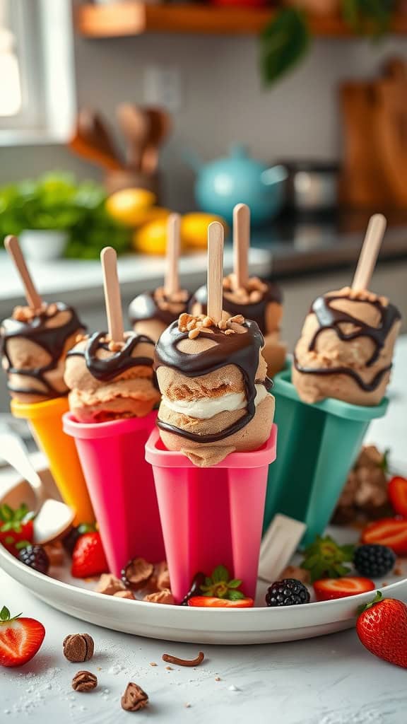 Frozen Chocolate Peanut Butter Parfait Pops in colorful molds