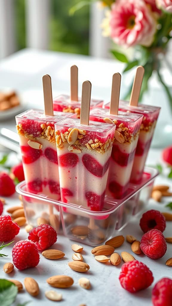 Frozen Raspberry Almond Crunch Parfait Pops in molds with fresh raspberries and almonds