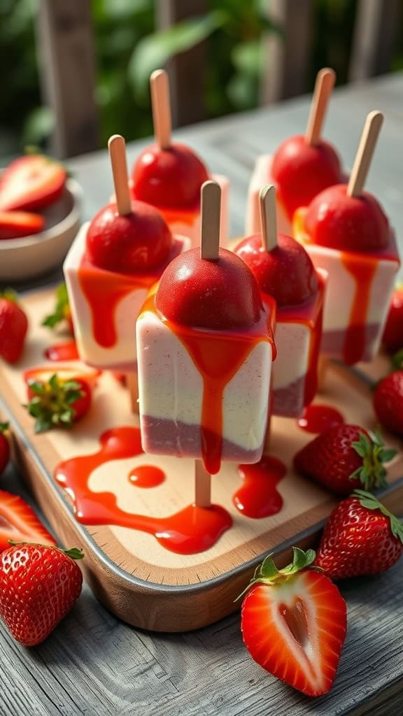 Frozen strawberry cheesecake parfait pops with strawberry sauce