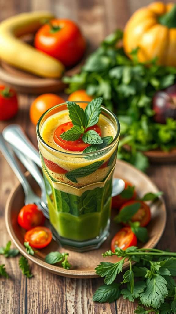 A colorful vegetable smoothie made with cucumber, celery, tomato, spinach, and parsley.