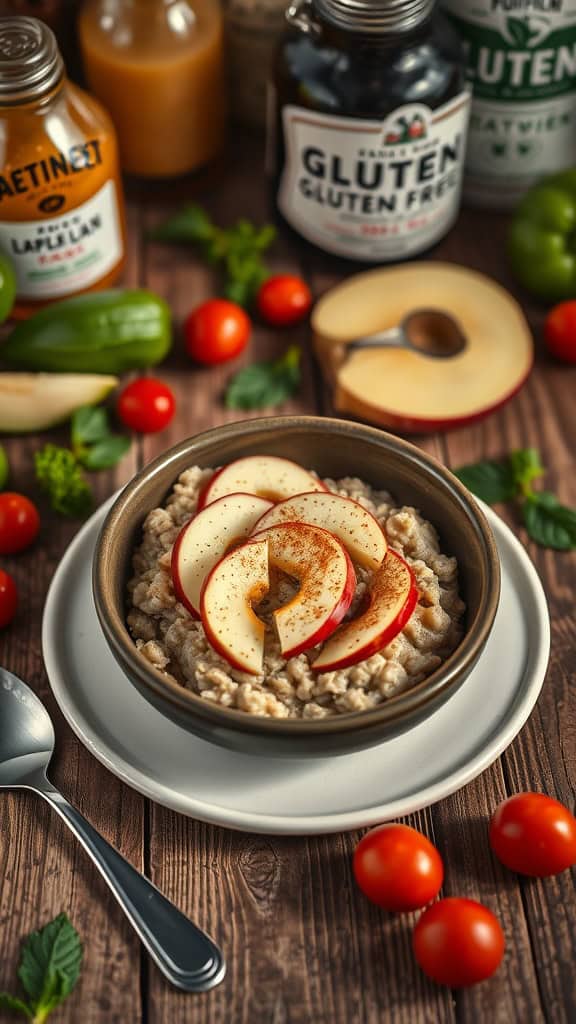 A bowl of gluten-free overnight oats topped with apple slices and sprinkled with cinnamon.