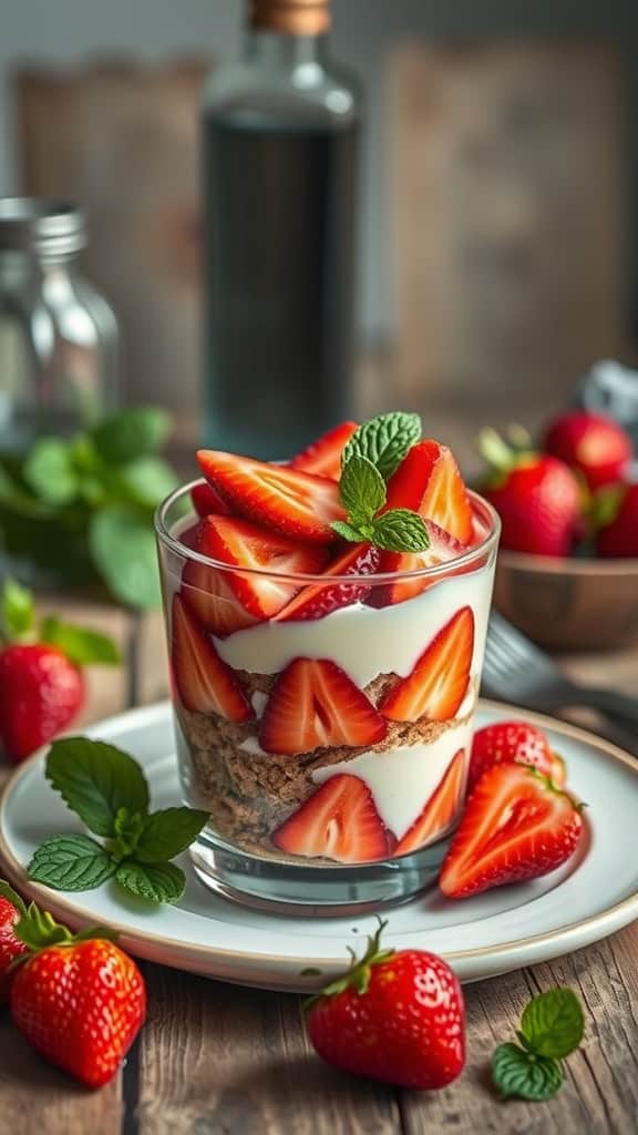 Gluten-free strawberry cheesecake parfait made with almond flour crumbs and fresh strawberries