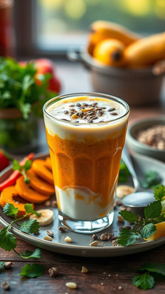 Golden Hour vegetable smoothie in a glass with vibrant colors.