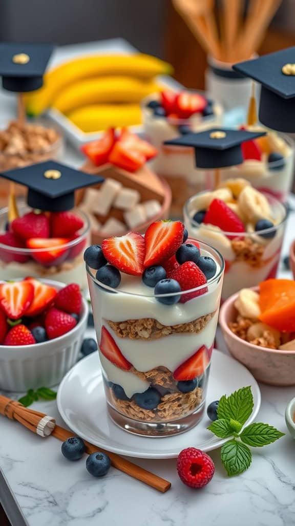 A DIY graduation parfait station with yogurt, granola, and fresh fruit.