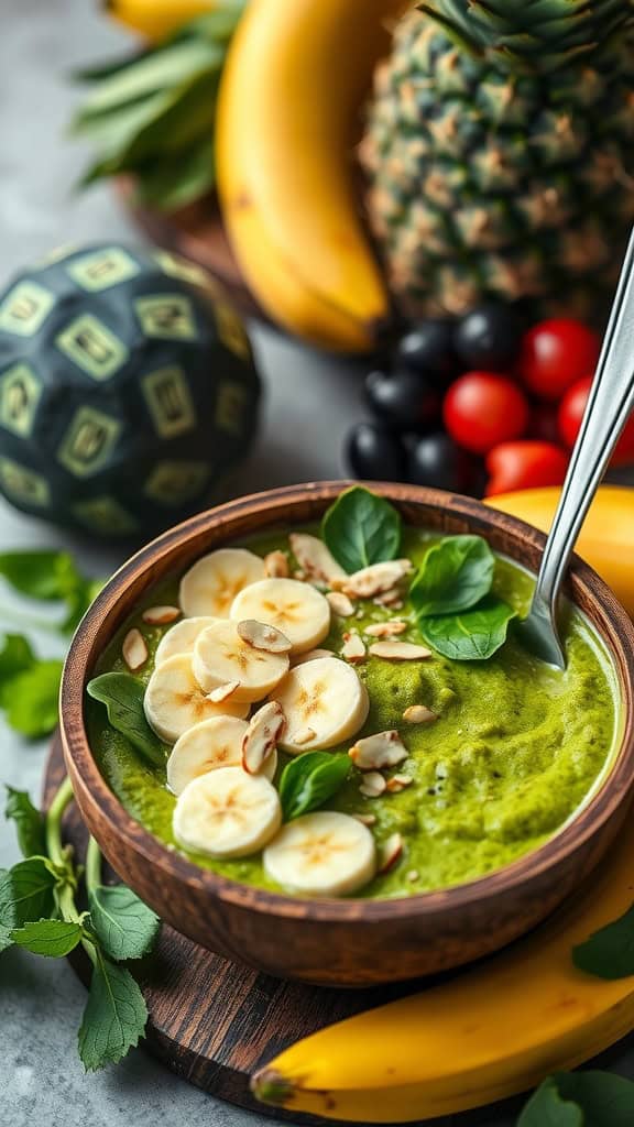 Green detox smoothie bowl with spinach, banana, and almond milk, topped with sliced bananas and nuts.