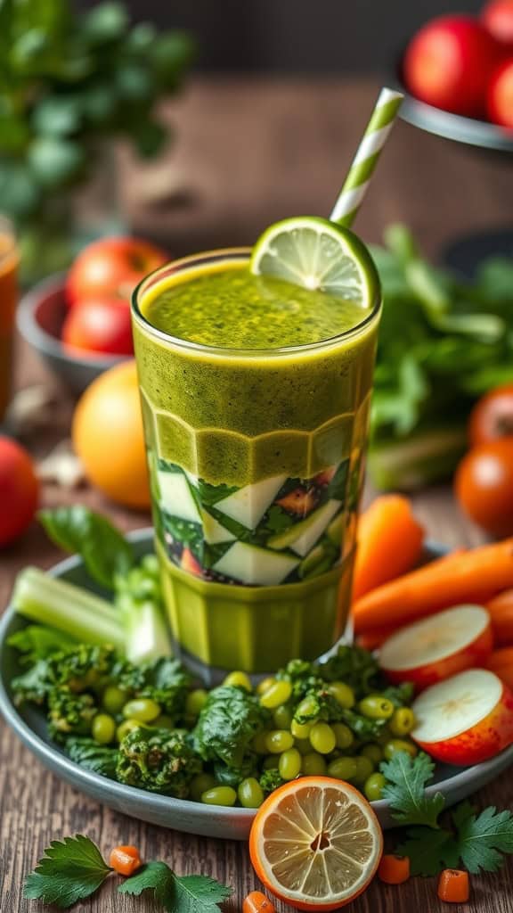 Green smoothie in a glass with lime garnish and fresh vegetables around it