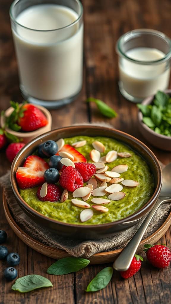 Green matcha overnight oats with fruits and nuts.