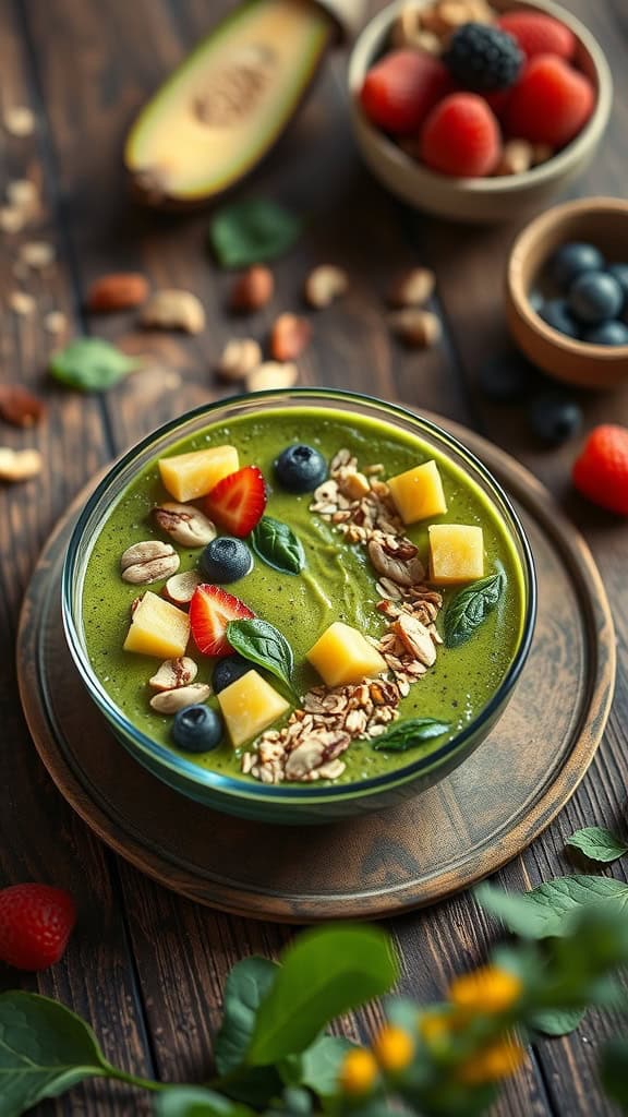 Green Smoothie Overnight Oats in a bowl with fresh fruits and nuts on top.
