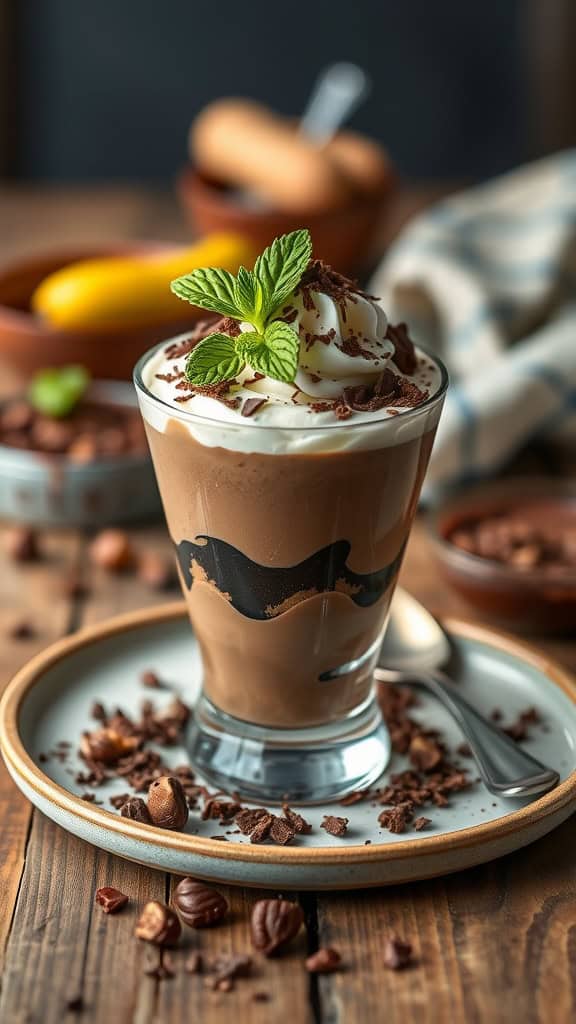 A deliciously layered chocolate peanut butter parfait topped with whipped cream and chocolate shavings.