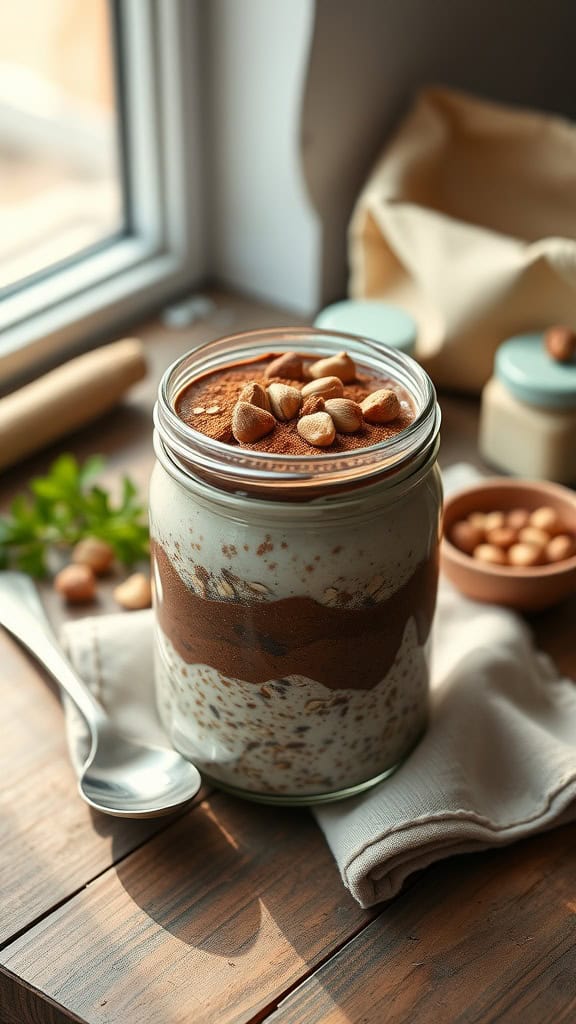 A jar of hazelnut chocolate overnight oats with toppings