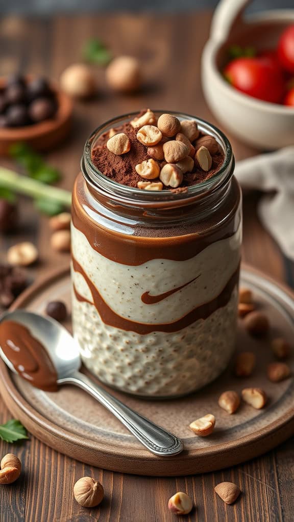 Delicious hazelnut chocolate overnight oats in a jar topped with whole hazelnuts.