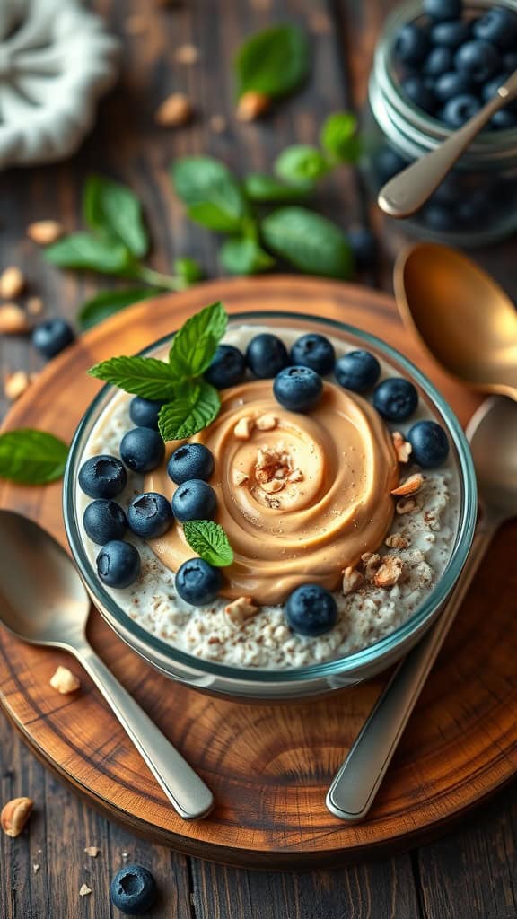 A bowl of hazelnut spread overnight oats topped with fresh blueberries and mint.