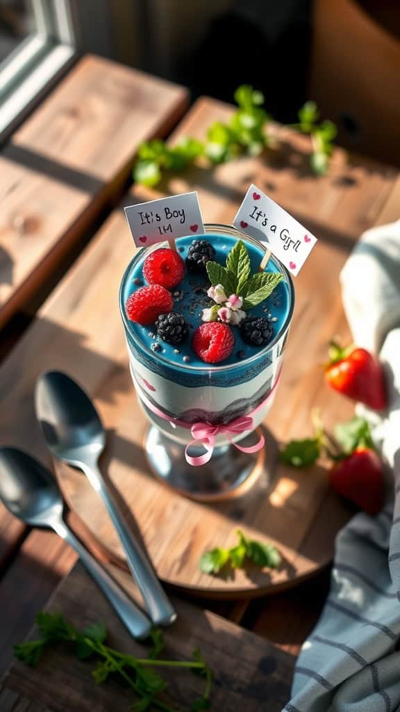 Healthy Baby Gender Reveal Parfait with Greek yogurt and fruit puree