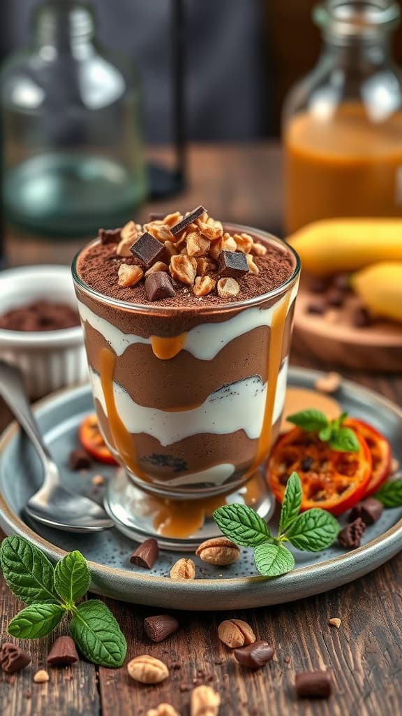 Delicious healthy chocolate peanut butter parfait made with Greek yogurt, cocoa powder, and topped with nuts and chocolate.