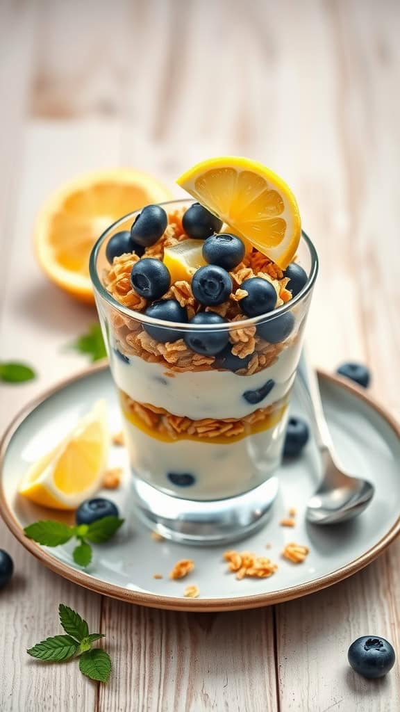 Healthy lemon blueberry parfait in a glass, topped with granola and lemon slice.