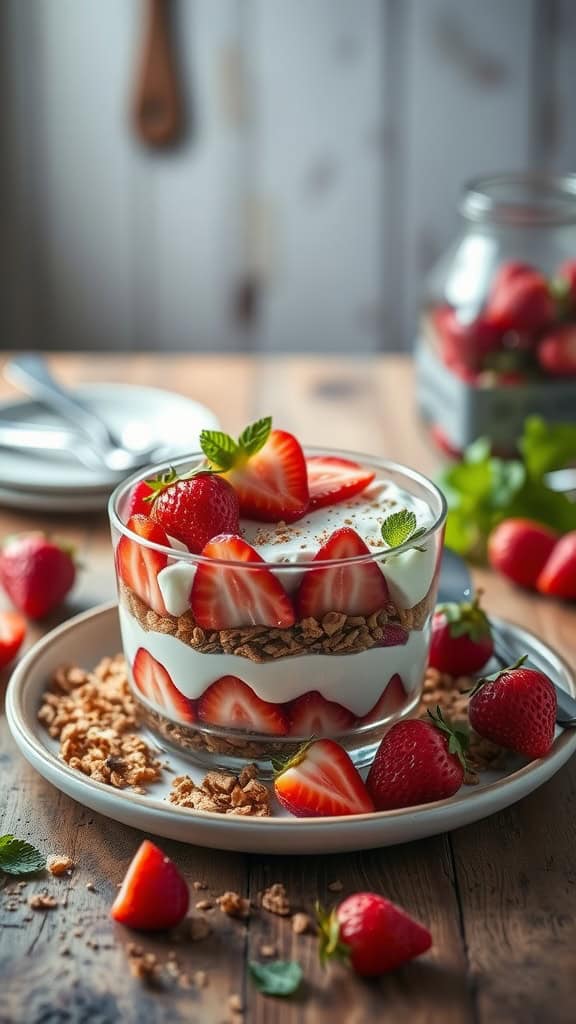 Healthy strawberry cheesecake parfait in a glass with layers of yogurt, granola, and fresh strawberries.