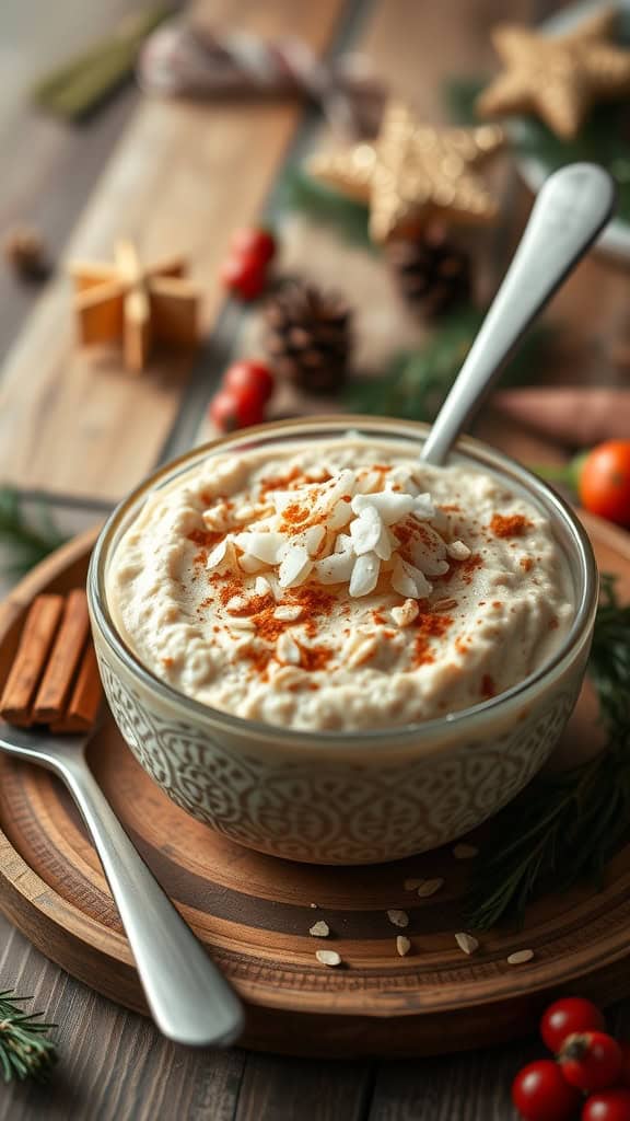 A bowl of holiday spice overnight oats topped with coconut and spices on a wooden platter.