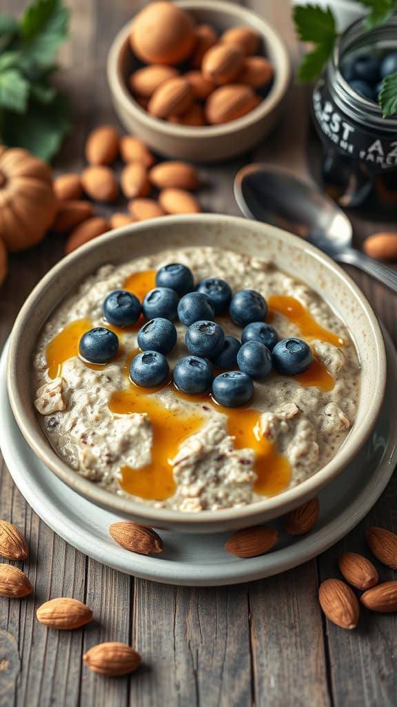 A bowl of honey almond overnight oats topped with blueberries and almonds.