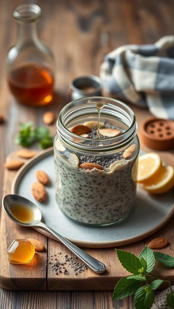 A jar of honey almond overnight oats with chia seeds, topped with almond slices and a drizzle of honey.