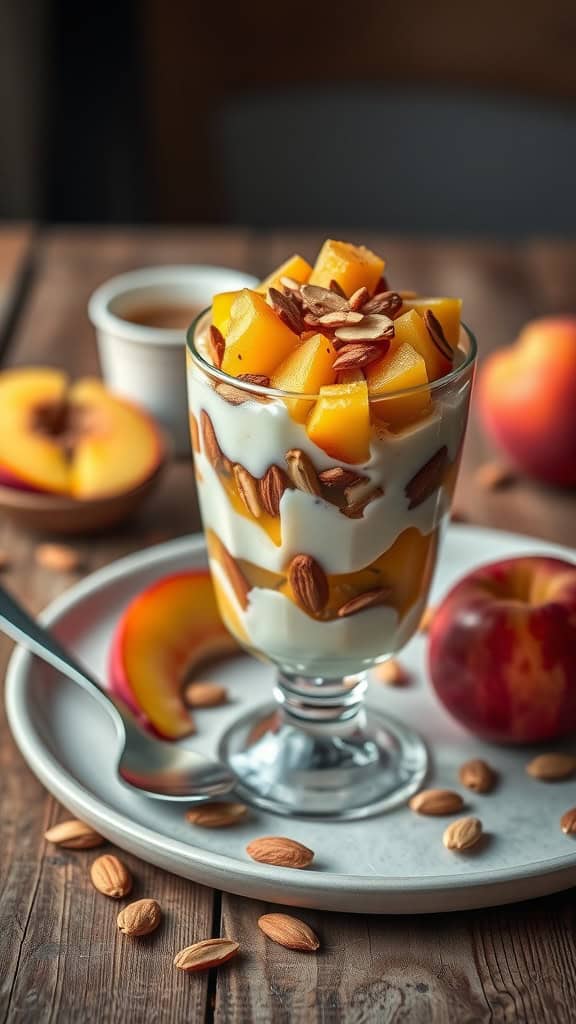 A delicious Honey Almond Parfait made with honey yogurt, sliced almonds, and diced peaches, served in a glass.