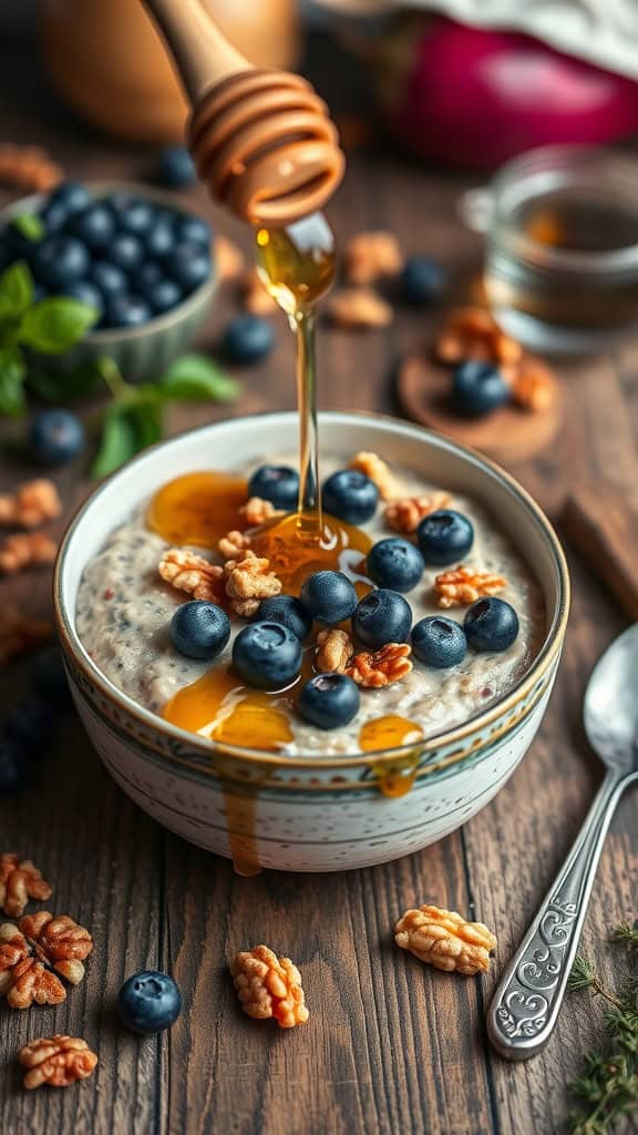 Bowl of honey walnut overnight oats topped with blueberries and honey