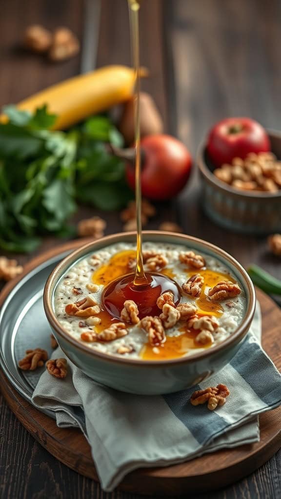 A bowl of honey walnut overnight oats topped with walnuts and honey drizzle.