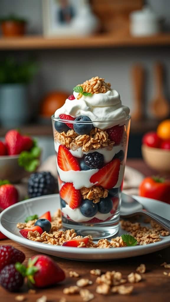 A delicious parfait made with layers of mixed berries, whipped cream, and granola served in a glass.
