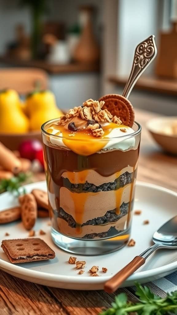 Layered dessert with chocolate mousse, caramel sauce, and crushed cookies in a glass.