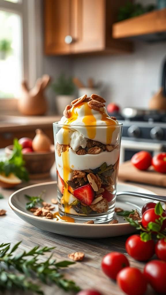 A delicious layered parfait with Greek yogurt, honey, mixed berries, and toasted almonds in a glass.