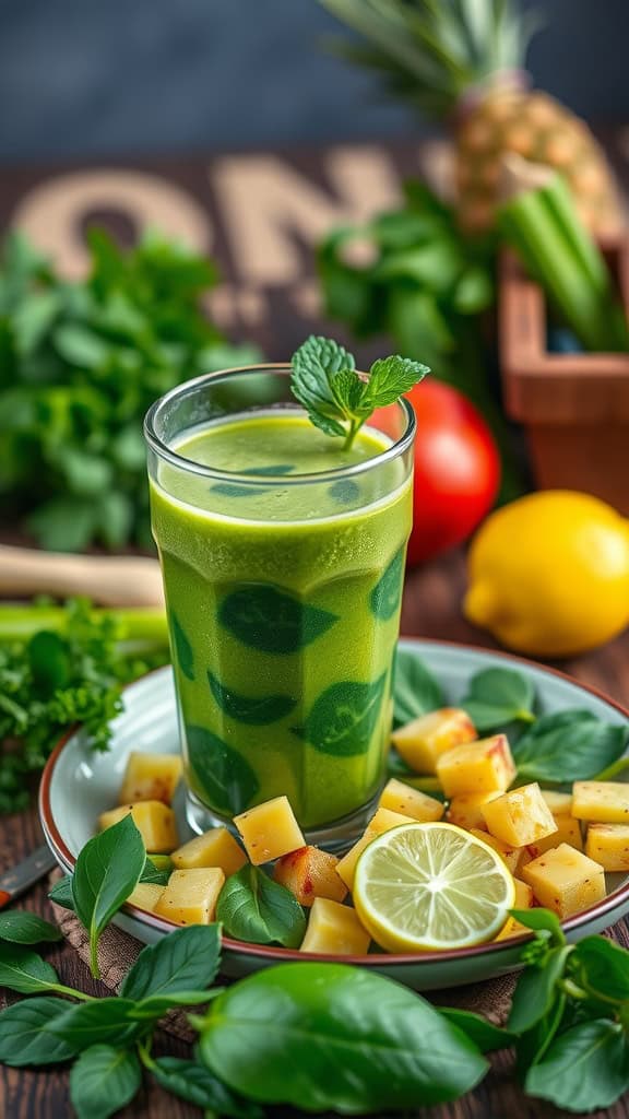 A refreshing green smoothie made with cucumber, celery, spinach, pineapple, and lime.